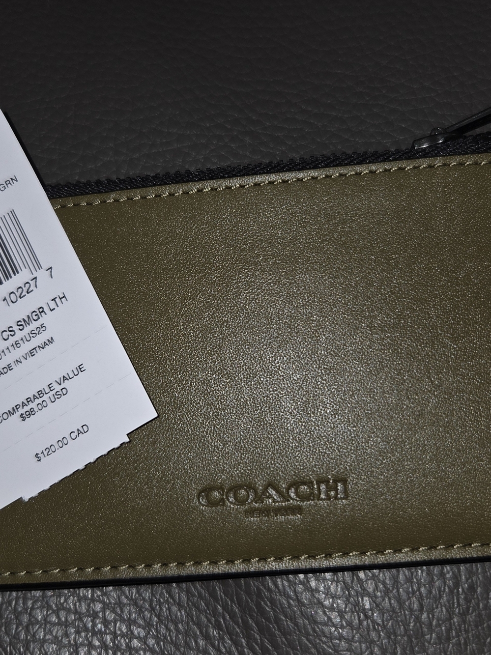Coach Olive Green Leather Zip Pouch Card Holder with Embossed Logo